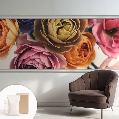 Fototapete Tapete Vliestapete mit Kleber - trendige Wanddeko - Schlafzimmer - Wohnzimmer Bunte Rosen 250x104 cm (1/5)