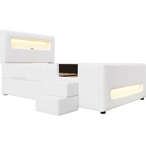 Letto piattaforma imbottito 90 x 200 cm con scala, cassetto e luci LED, bianco (1/5)