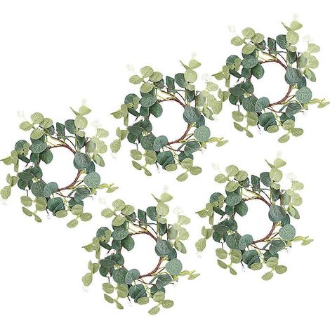 Anneaux de bougies piliers en eucalyptus artificiel (5 pièces), vert olive, décoration (1/5)
