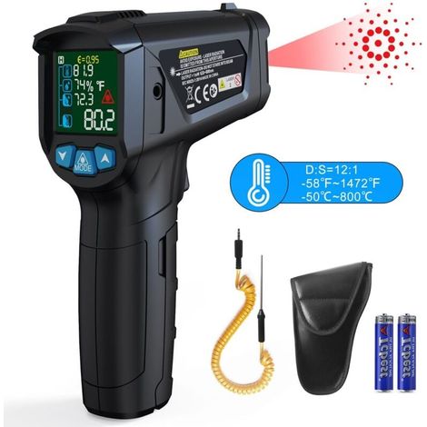 Termómetro infrarrojo, pistola de temperatura infrarroja digital sin contacto con láser, de -50 ℃ a 800 ℃ con emisividad ajustable, para barbacoa, automóvil y uso industrial (no apto para uso humano). (1/5)