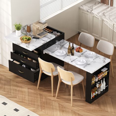Îlot de cuisine mobile sur roulettes, avec table extensible, éclairage LED et prises électriques intégrées usage polyvalent (îlot, buffet ou table haute) convient aux cuisines et espaces repas (noir (1/5)