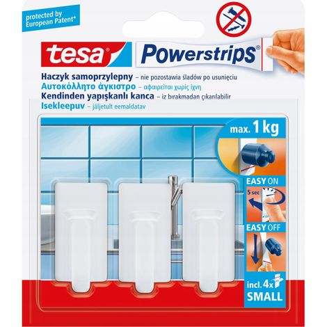 Tesa Haken, Kleiderbügel aus Kunststoff, selbstklebend, klein, bis zu 1 kg, weiß, 3 Stück. (1/5)
