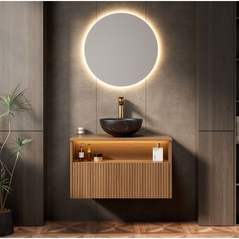 Waschbeckenunterschrank hängend 80 cm, minimalistisch, mit schwarzem Keramikbecken, 1 Schublade und offenem Fach, braune Eiche (1/5)