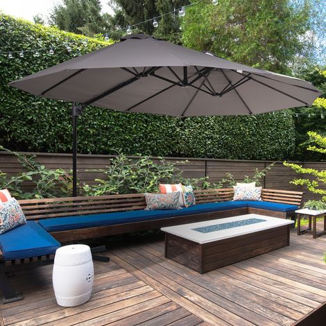 Parasol XXL avec pied en croix et manivelle. résistant aux intempéries. 270 cm x 445 cm x 260 cm. gris