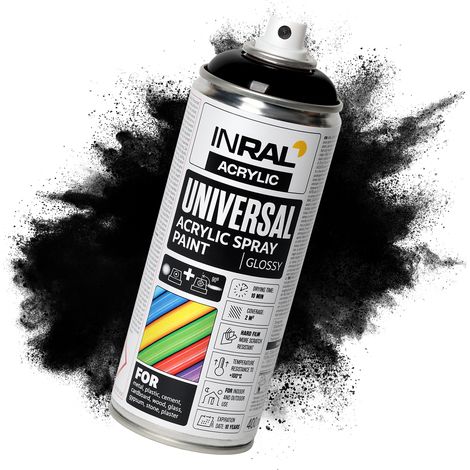 Peinture aérosol acrylique INRAL - bombe spray multi-support RAL9005 noir profond mat, séchage rapide, intérieur/extérieur - 400 ml