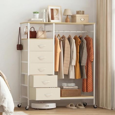HOKEEPER Portant à vêtements roulant tout-en-un avec tiroirs, beige