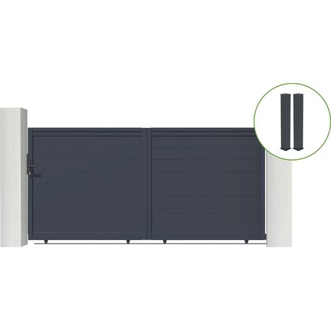 Portail coulissant 3m EIGER H.140cm alu gris + 2 poteaux 20x20cm H.166cm (1/5)