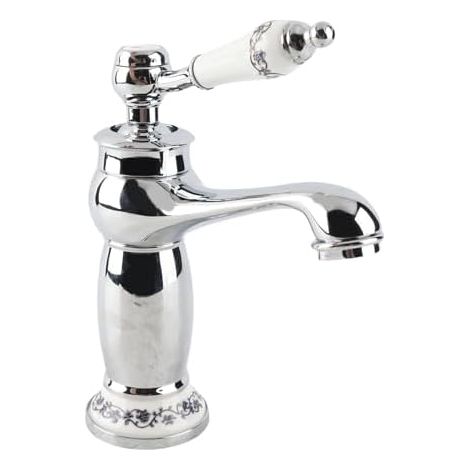 Robinet lavabo rétro laiton céramique – Col long porcelaine bleu blanc – Eau chaude froide pour cuisine et salle de bain-Argenté