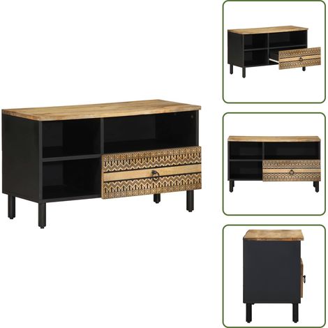 Meuble TV noir 80x33,5x46 cm bois massif manguier brut - Meuble TV - Meubles TV - Banc TV - Buffet TV (1/5)