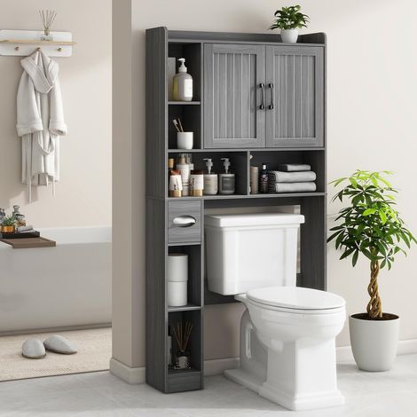 Armoire de toilette avec portes, armoire multifonctionnelle, étagère pour machine à laver et étagère WC de style vintage pour salle de bain et buanderie (1/5)