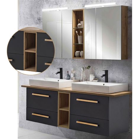 Badmöbel Doppel-Waschtisch Set DABO-04 in anthrazit mit Landhaus Eiche, B/H/T 165,2/200/50 cm (1/5)
