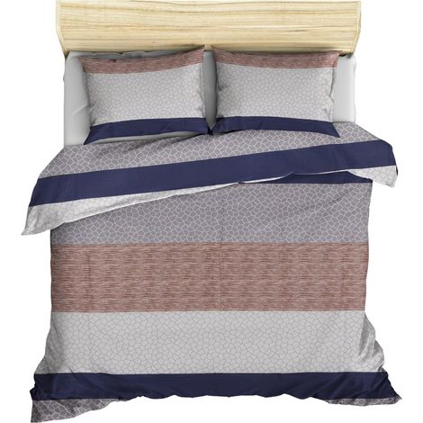 Parure de lit avec Housse de Couette + 2 taies d'oreiller 240 x 220 cm Camel Gris Bleu Marine Blanc (1/2)