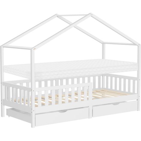 ML-Design Letto a Casetta per Bambini 90x200 cm in Legno di Pino Bianco con Materasso H10 cm, Sponde di Sicurezza e 2 Cassetti Contenitore, Lettino Montessori a Pavimento, Giroletto Cameretta