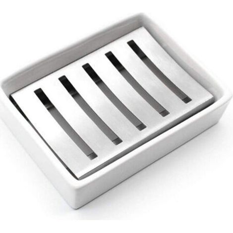 Porte-Savon en céramique Porte-Savon en Acier Inoxydable pour Salle de Bains et Douche Double Couche Drainant Soap Box (1/5)