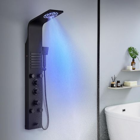 Panneau de douche avec thermostat, panneau de douche 6 fonctions avec douche à effet pluie LED, douche à brouillard, buses de massage, douchette à main et bec de baignoire, colonne de douche (1/5)