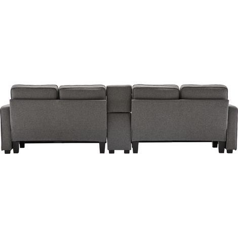 Sofá de 4 plazas en lino gris oscuro con consola, portavasos y USB (1/5)