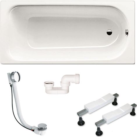 Vasca rettangolare Eurowa 170x70x39 cm, 178 L, acciaio smaltato + piedini + scarico + sifone, bianco alpino (KW312-SETP6)