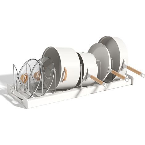 Étagère à casseroles et poêles avec 7 étagères réglables et design rétractable, blanche () (1/5)