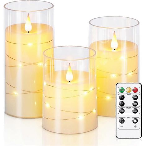 Lot de 3 bougies sans flamme vacillantes avec guirlande lumineuse, fonctionnant sur piles, avec télécommande et minuterie, guirlande lumineuse encastrable, 7,6 cm de diamètre x 10,2 cm, 12,7 cm ou 15, (1/5)
