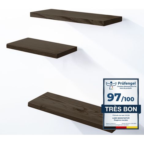 LAMO Manufaktur 3 étagères murale en bois avec fixation invisible 42/36/30cm Etagère murale en 100% bois massif Etagère murale pour salon SET 3 étagères bord droit Couleur: Naturel