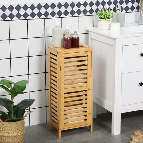 Armario de baño 30x19.9x70 cm color madera natural de bambú con puerta de lamas y estante ajustable (1/5)