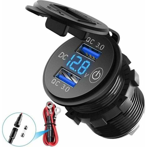 1 Chargeur voiture, Double port USB, QC3.0, Voltmètre LED, Interrupteur tactile, Étanche IP67, 12V/24V, Moto, Quad, Bus (1/5)