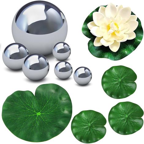 Mini laghetto decorativo, decorazione per laghetto, mini decorazione per laghetto, fiori di loto artificiali, con 6 palline galleggianti, 4 foglie di loto, ideale per giardino, fontana o ciotole d'acq (1/5)