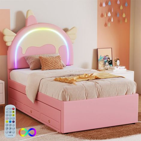 Lit enfant forme licorne 90 x 200 cm avec lit gigogne et tiroirs, PU rose, sommier à lattes