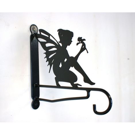 Fairy With Flower Feature Bracket - Steel Hanging Basket Holder - Steel - H33 cm - Black