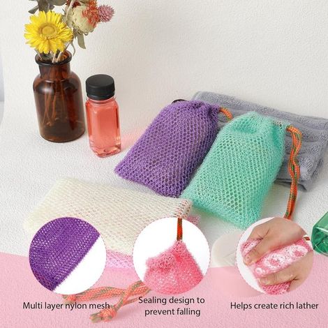 Set da 4 pezzi - Sacchetto per sapone - Schiuma extra - Con coulisse - Nylon - Casa e viaggio - Per shampoo solido, balsamo solido e sapone per il corpo (1/3)