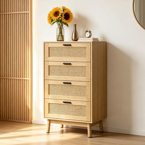 Cassettiera a 4 cassetti – Credenza – Cassettiera in vimini – Ideale per soggiorno, cucina o sala da pranzo – Stile moderno – Finitura rovere (1/5)