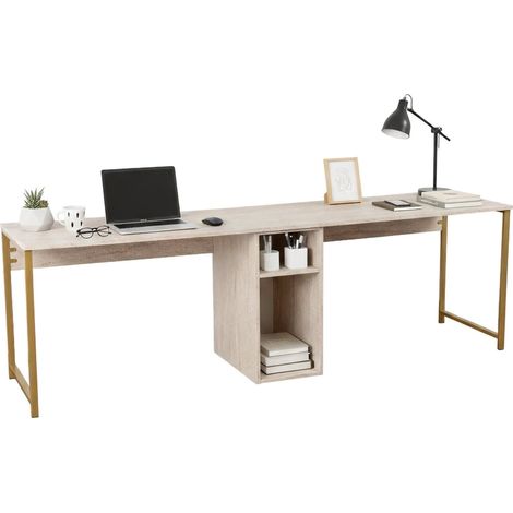 Dmora - Scrivania Caprioli, Scrittoio multiuso, Tavolo per ufficio porta PC, Piano di lavoro, 240x60 h74 cm, Beige e Oro