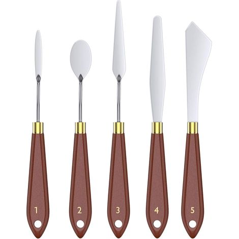 Couteau à Palette, [5PCS] Spatule à Peindre en Acier Inoxydable Artiste, Outils de Peinture à l'huile avec Poignée Bois, Accessoires de Mélange de Couleu pour l'huile Painting, Rouge-Marron (1/5)