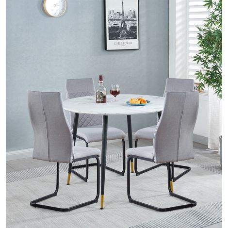 Hallowood Furniture Finley Small Round Dining Table and Chairs Set of 4, White Marble Finish Circular Kitchen Table and Light Grey High Back Chairs, Dining Set for Home, Office and Café (1/5)