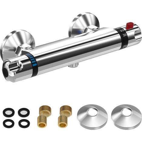 1 Mitigeur Douche Thermostatique Laiton Chromé, Sécurité 38°C, Entraxe 150mm, Raccord G 1/2, Pour Salle De Bain