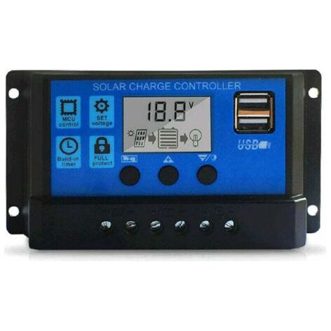 Contrôleur de charge solaire 10A, contrôleur de panneau solaire 12V/24V Régulateur de batterie de panneau solaire à affichage LCD réglable avec double port USB