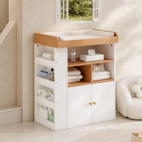 Modernluxe - Commode à langer évolutive 82x50x100cm - Meuble de rangement 2-en-1 avec barrière amovible - Blanc et bois (1/5)