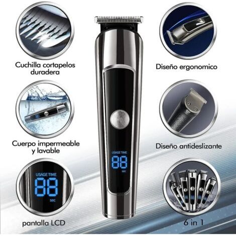 Tondeuse à barbe étanche 6 en 1 pour homme avec peigne, écran LED et batterie rechargeable USB (1/3)
