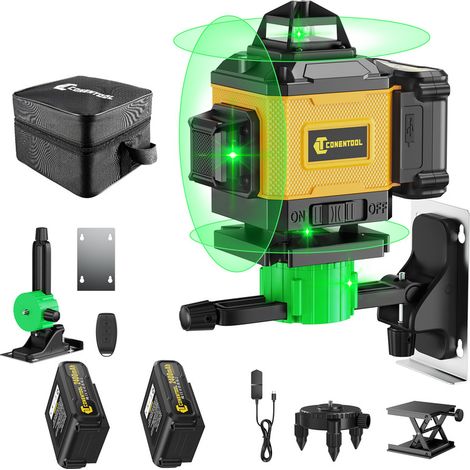 CONENTOOL Niveau Laser Vert à 4x360° - 16 Line Ligne Laser Horizontal et Verticale - Avec télécommande et base et sac en tissu - 2 batterie 2400mAh (1/5)