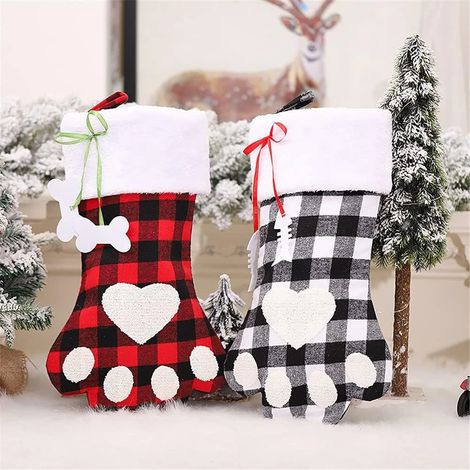 Lot de 2 chaussettes de Noël pour chat et chien, 45 cm, motif à carreaux Buffalo, adorables chaussettes de Noël avec grandes pattes, décorations de Noël personnalisées à suspendre (rouge et noir) (1/5)