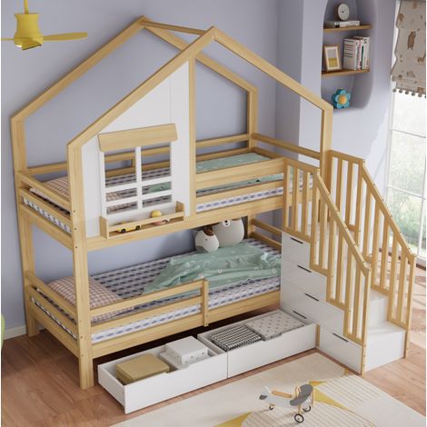 Letto a castello per bambini 90x200 cm con scale e cassetti, bianco e naturale (1/5)