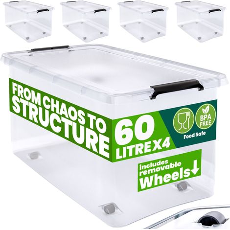 DEUBA® 30/60 Litre Plastic Rolling Storage Boxes w/Lid Stackable Clear BPA-Free  4x 60L (de)