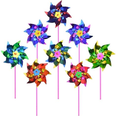 Molino de viento de plástico arcoíris, molino de viento para fiesta, juego de molino de viento DIY para niños, juguete de jardín, decoración de fiesta en césped, 100 piezas (1/5)