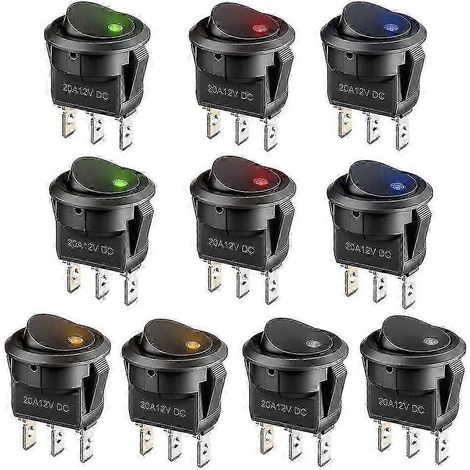 Lot de 10 interrupteurs à bascule LED 12 V, 3 positions, verrouillables, type SPST, bouton-poussoir rond, compatibles avec les appareils automobiles, marins et domestiques, disponibles en 5 couleurs. (1/5)