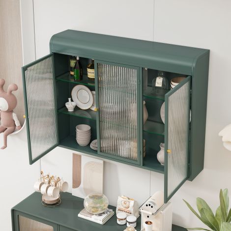 Armoire murale 3 portes vitrées, dessus bombé, cadre en métal, pour cuisine, salon, salle de bain, vert foncé