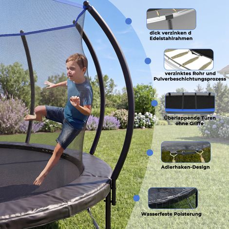 Trampolín redondo de 305 cm, red de seguridad envolvente, acero, negro y azul (1/5)