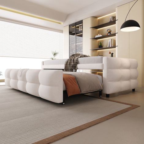 Lit capitonné convertible 90x190cm, canapé-lit extensible 180cm, banquette-lit en velours moelleux, couchage simple ou double, sommier à lattes inclus, meuble polyvalent beige, sans matelas (1/5)