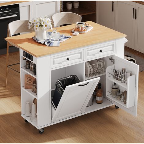 Isla de cocina 120x40-70x92 cm blanco y natural en MDF con mesa extensible, ruedas y enchufes (1/5)