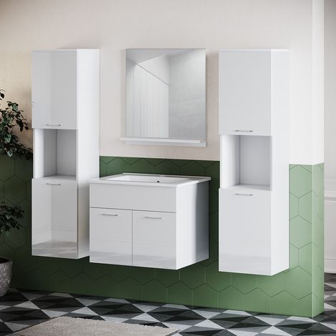 SONNI Badezimmermöbel set 3-Teilig mit waschbecken Speigel Hochschrank 60 cm breit Badmöbel set weiß Hochglanz (1/5)