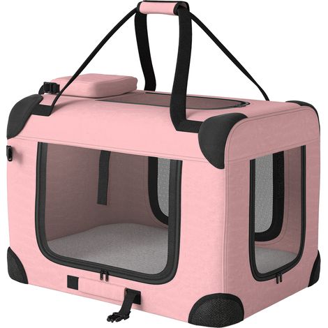 Cage transport pliable 60x41,5x41 cm rose avec fenêtres rangement et 2 paniers pour chien chat miniature